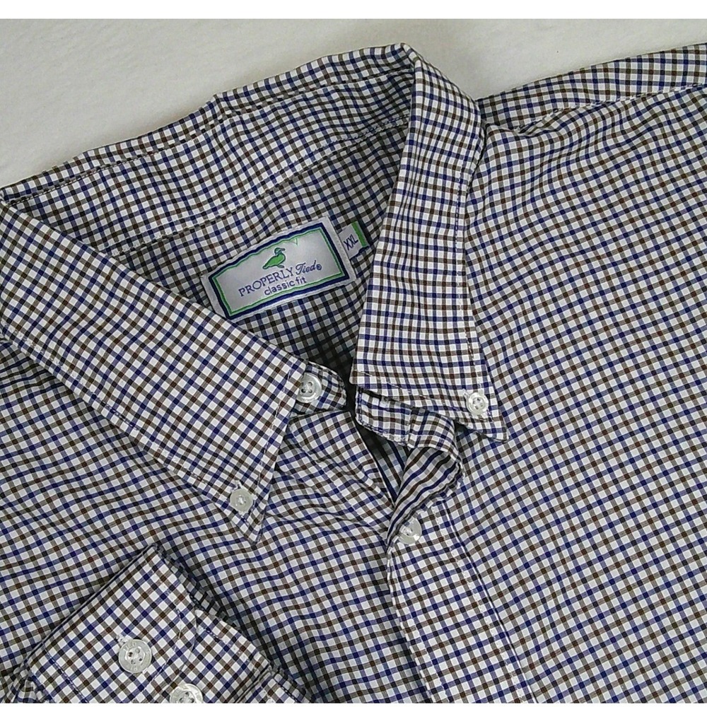 Properly Tied Mens XXL Classic Fit Gingham Button Down Shirt Blue Brown Cotton